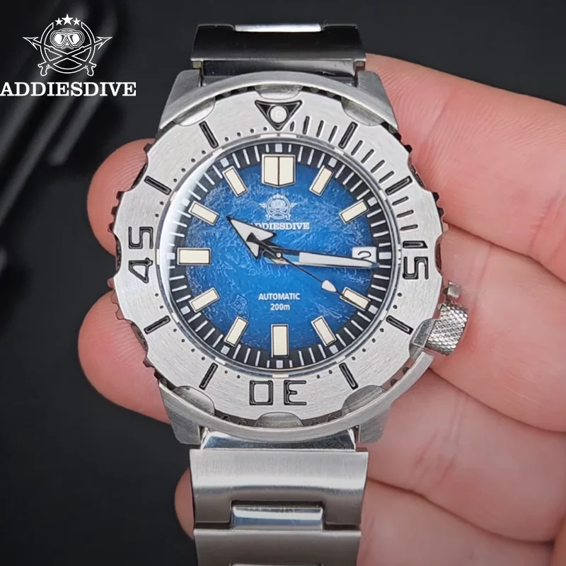 ADDIESDIVE Men Mechanical Watches Sapphire Glass 42mm Surfing Blue Dial C3 Luminous 200m Waterproof Dive Stainless Steel Relogio