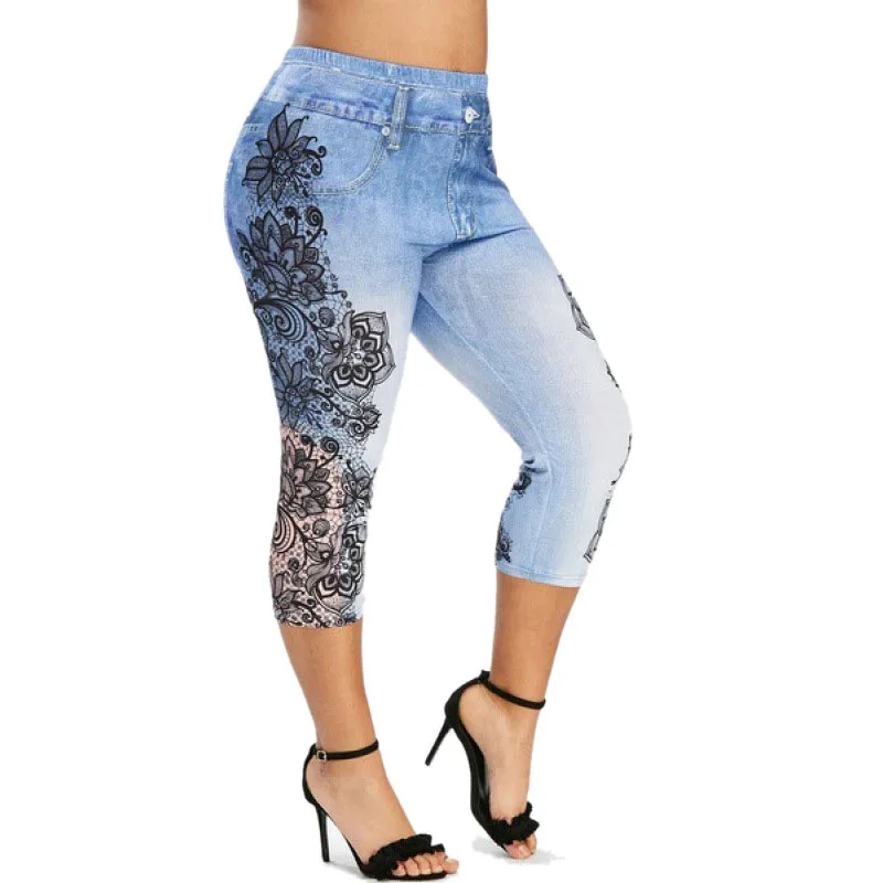 

S-5XL Blue Leggings Women New High Waist High Stretch Lace Print Fake Jeans Sexy Push Up Fitness Gym Casual Spandex Pants Gray