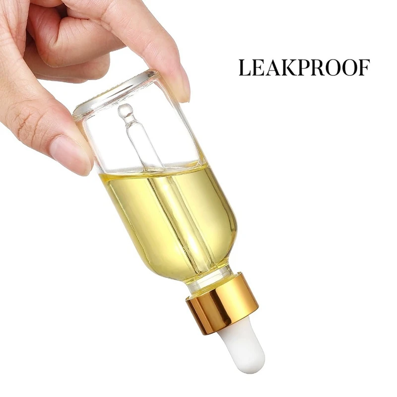 Leak Proof Travel Dropper Bottles 4 Pack With Golden Caps, Clear Glass For Essential Oils 1Oz (30Ml) Easy To Use 10.1X3.3Cm