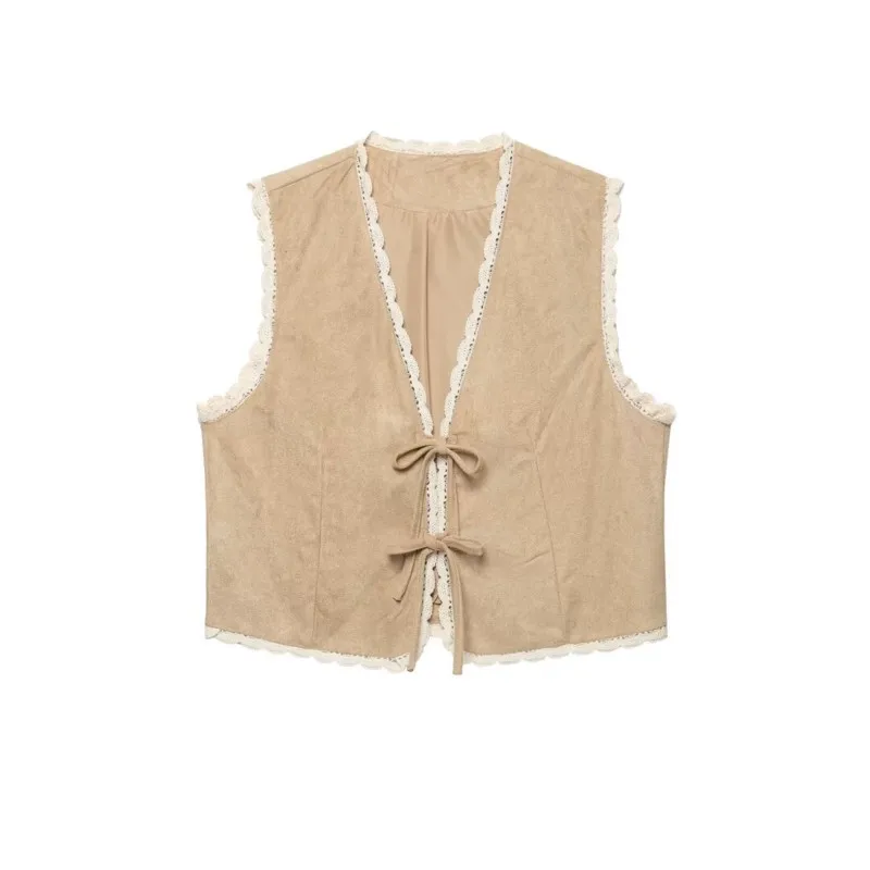 Women's Vest  Autumn New V-neck Sleeveless Lace Trim Waistcoat Casual Fashion Women Lace-up Countryside-style Tops