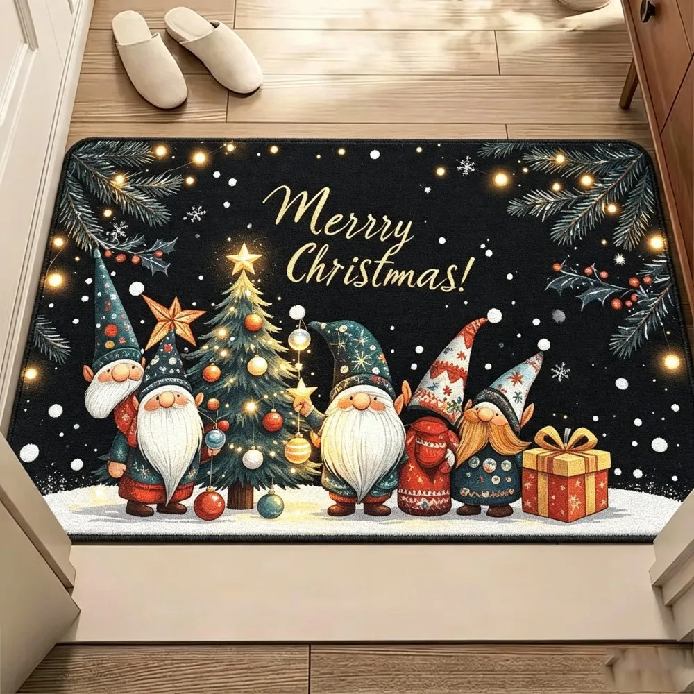 Gnome Christmas Door Mat Black Background Snowflake Tree Decor Non Slip Indoor Outdoor Rug For Winter Holiday Entryway Decor