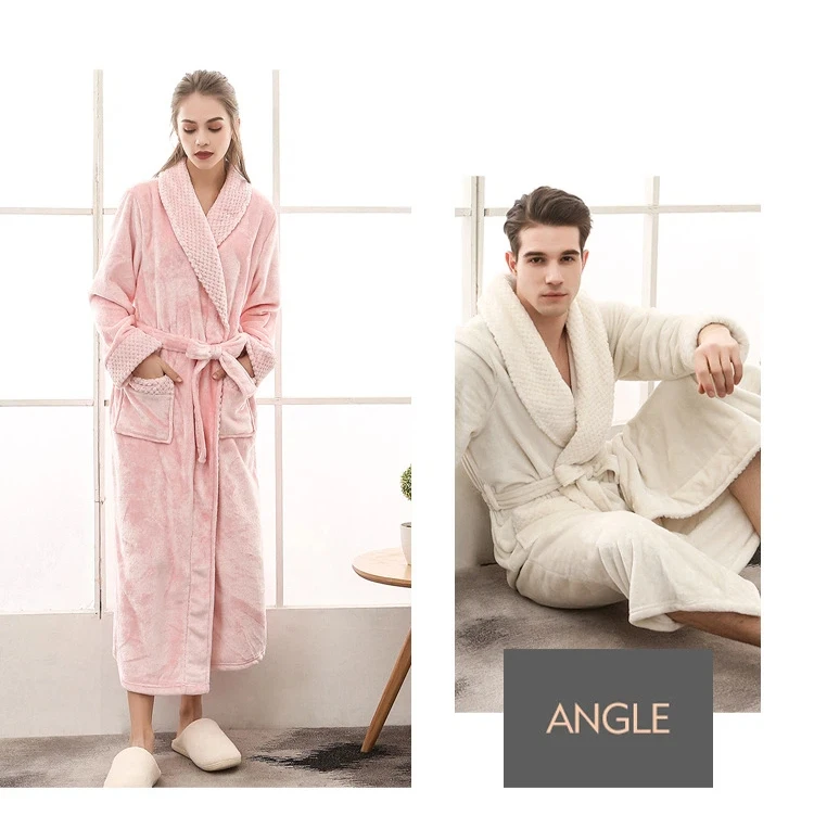 Warmer Winter-Bade- und Schlaf-Loungewear aus weichem Plüsch für Herren, stilvoller, gemütlicher, passender, langer Nerz-Fleece-Patchwork-Bademantel für Paare – Detail 2