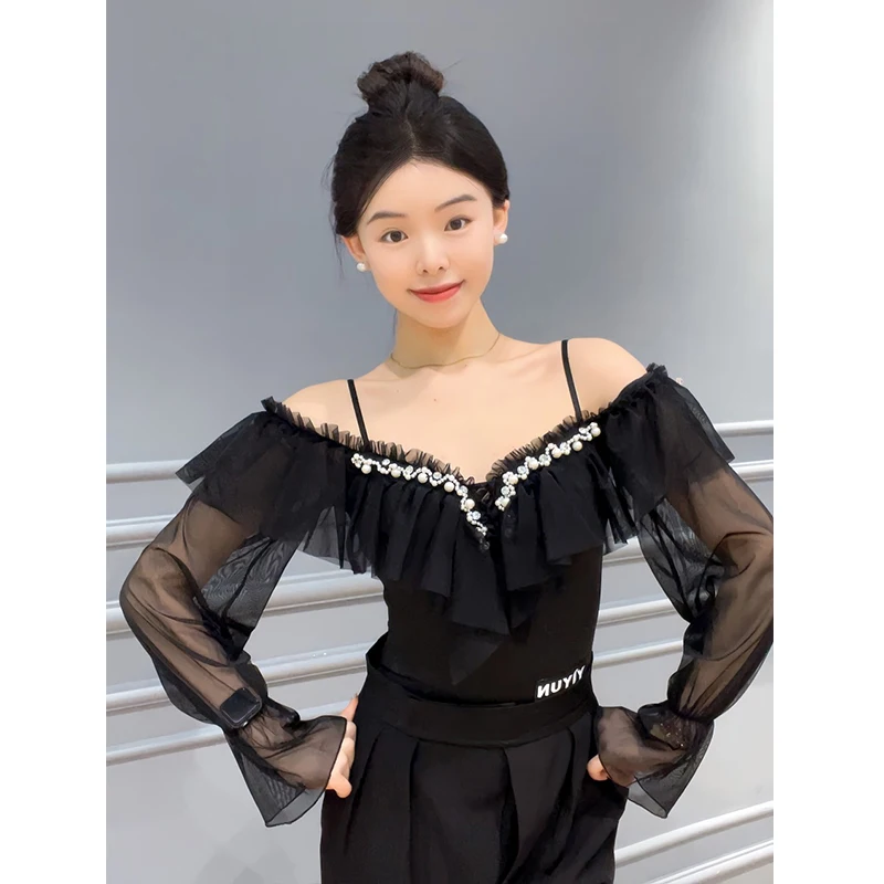 

Ballroom Dance Performance Clothes Off Shoulder Black Tops Pearl Mesh Sleeves Latin Rumba Waltz Dance Practice Clothing DNV21339