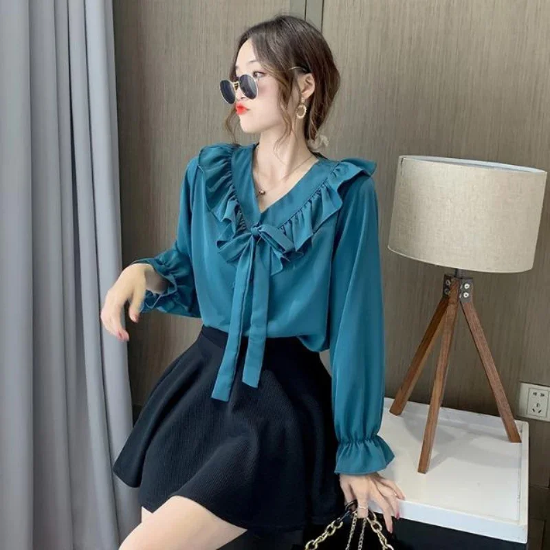 Spring Autumn New Sweet Chiffon Pleated Shirt Tops Long Sleeve V Neck Loose Bow Patchwork Blouse Fashion Elegant Women Clothing