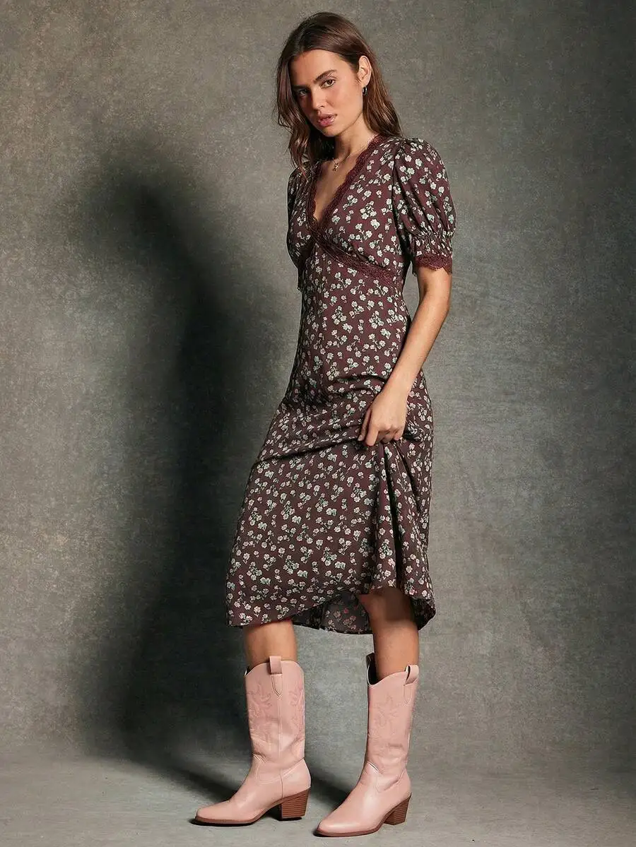 

Womens Brown Floral Ditsy Print Lace V Neck Puff Sleeve Midi Slip Dress Boho Coastal Cowgirl
