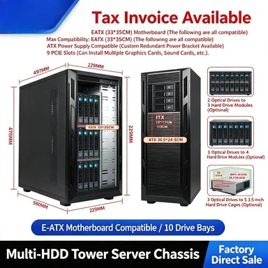 E‑ATX Dual‑socket Tower PC Case, 16 Hot‑Swap Hard‑Disk Bays, 10 Optical Drive Slots NAS Storage Desktop Chassis