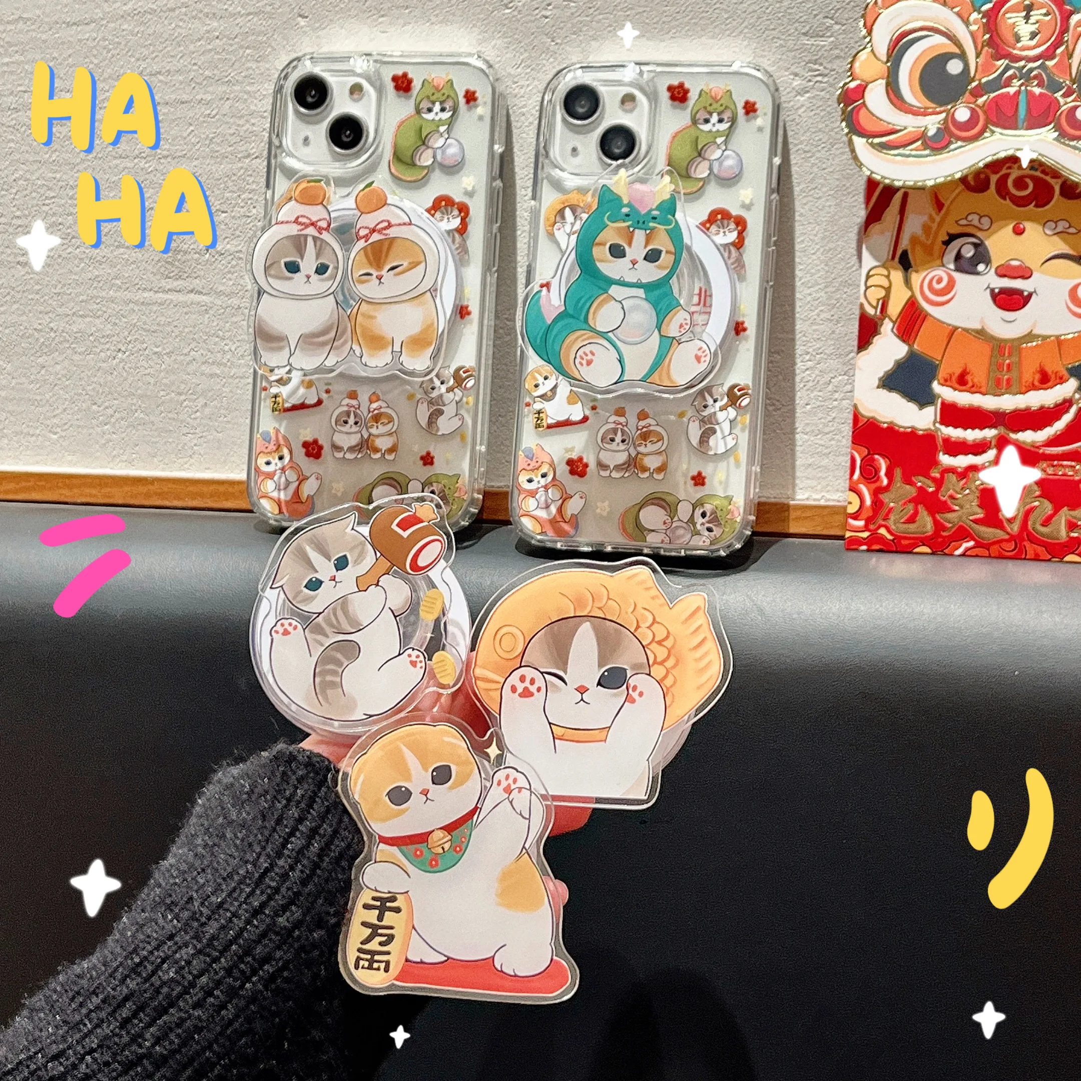 Cartoon Cute Cat for Magsafe Magnetic Bracket Phone Case for IPhone 15 14 13 12 11 Pro Max Anti-fall Back Cover Funda