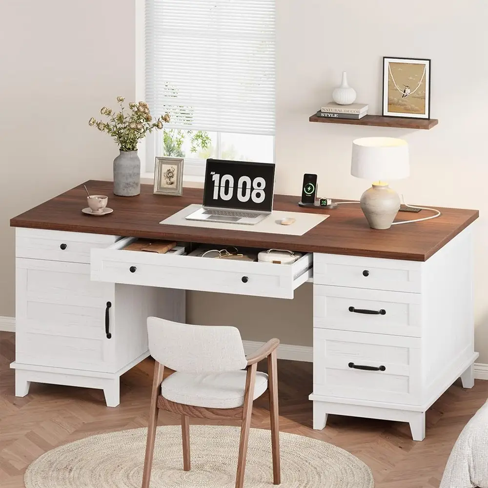 60 Executive Home Office Desk with Drawers, Wooden Workstation, Power Outlet, Suitable for Computer, Study, Writing in White and
