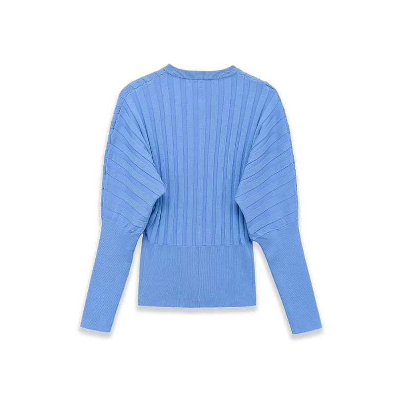 YENKYE Spring 2026 Women Light Blue Knit Cardigan  Round Neck Dolman Sleeve Fitted Waist Top For Streetwear