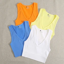 Chaleco de Yoga sin costuras de punto acanalado con cuello en V para mujer, Tops cortos de entrenamiento para gimnasio, Fitness, correr, deportes, camiseta sin mangas ajustada, chalecos sin almohadilla