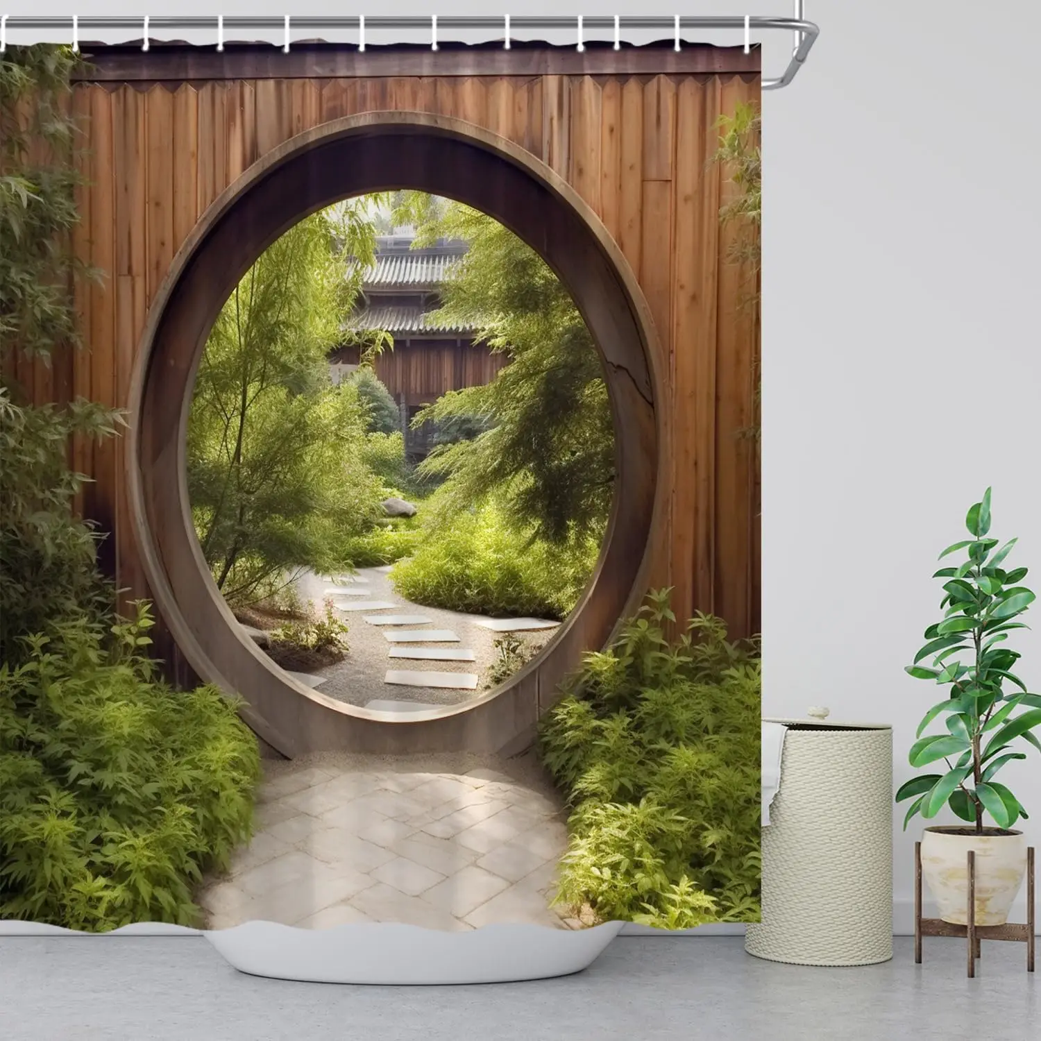 

Japanese Shower Curtain Wooden Wall Gate Spring Garden Green Plants Rustic Doorway Circle Park Natural Scenery Outside Courtyard