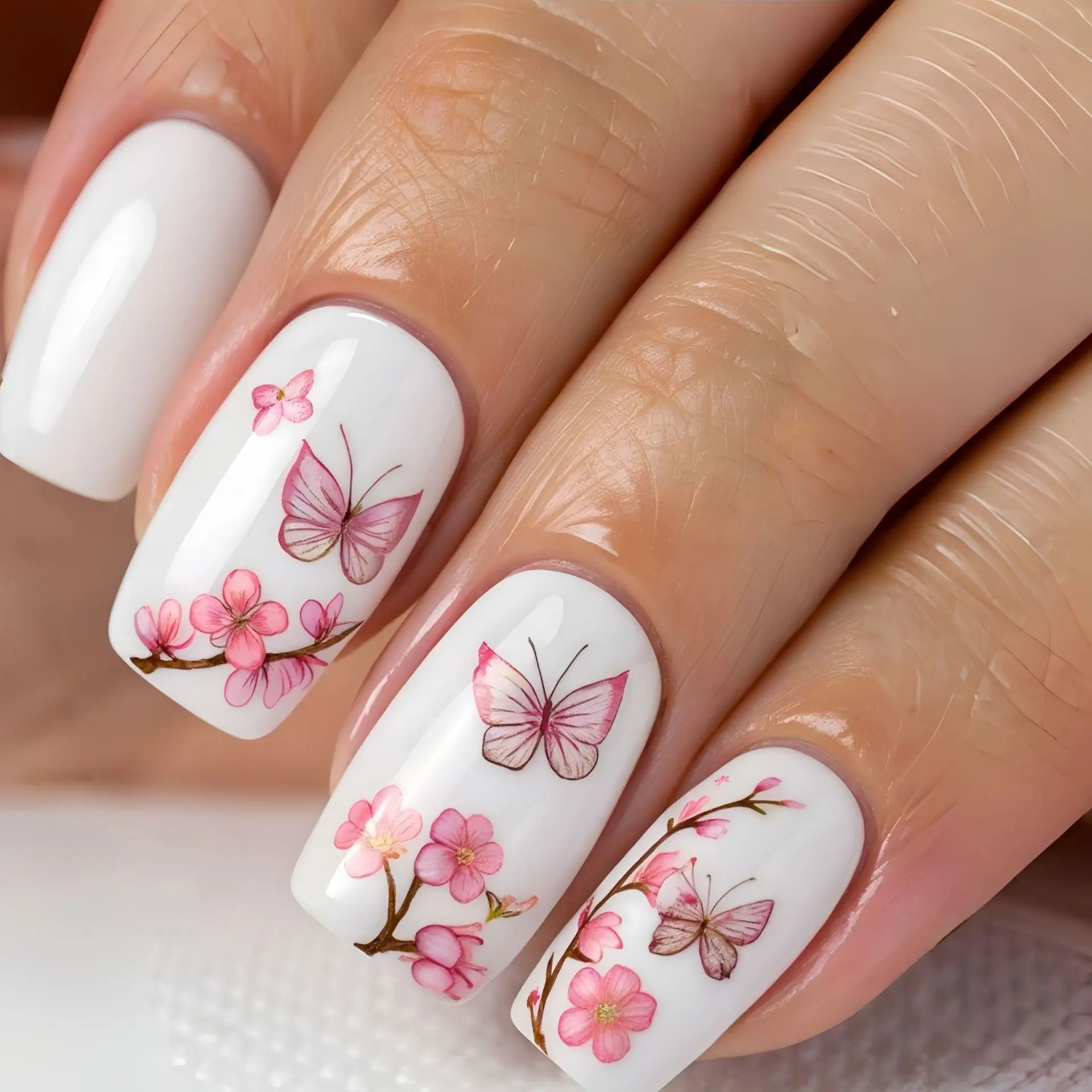 Uñas postizas medianas para mujeres y niñas, diseño de mariposa de flores rosas para la temporada de primavera y verano, puntas de uñas cuadradas prensadas en uñas postizas