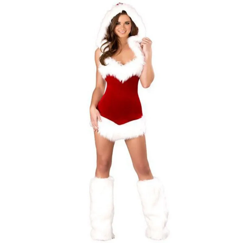 Women Christmas Costume Xmas Party Cosplay Santa Clause Sexy Mini Hooded Dress Ladies Christmas Stage Performance Costumes Le