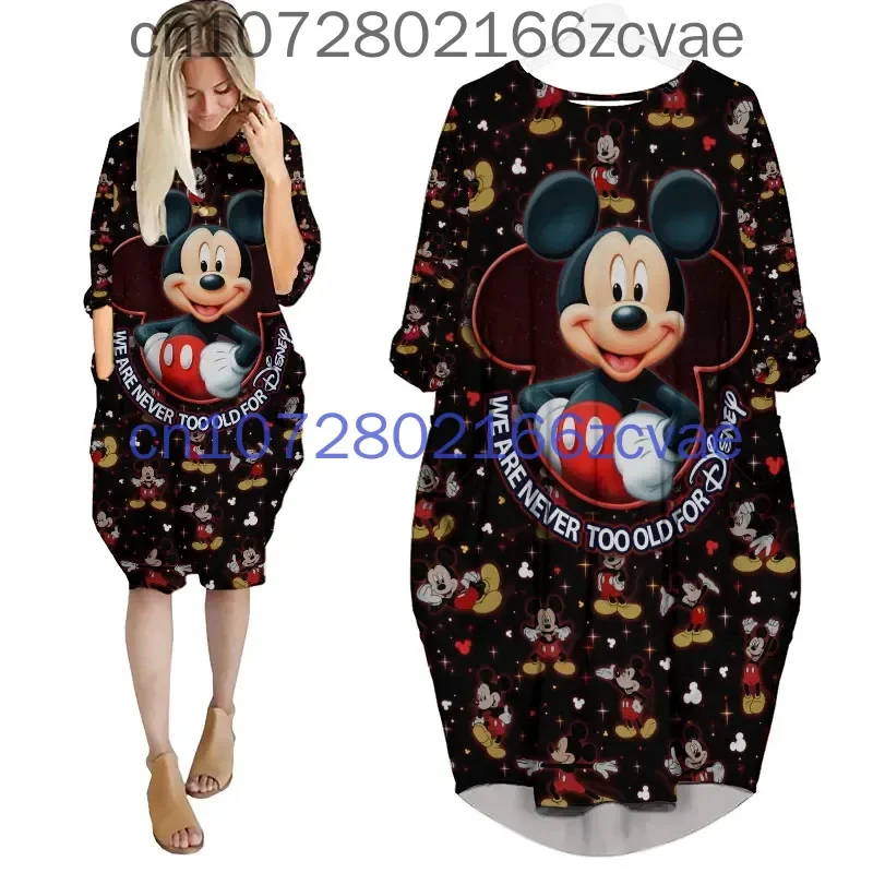 Disney-Vestido de bolso feminino Mickey Mouse Batwing, vestidos femininos extragrandes, pulôver impresso em 3D, novo, 2022