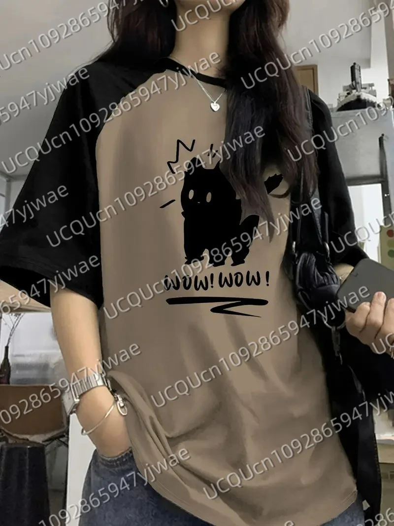 Y2K Women'S Casual T-Shirt with Cute Cat & "WOW!" Graphic Crew Neck Short Sleeve  All-Season Men's Sport T-shirt