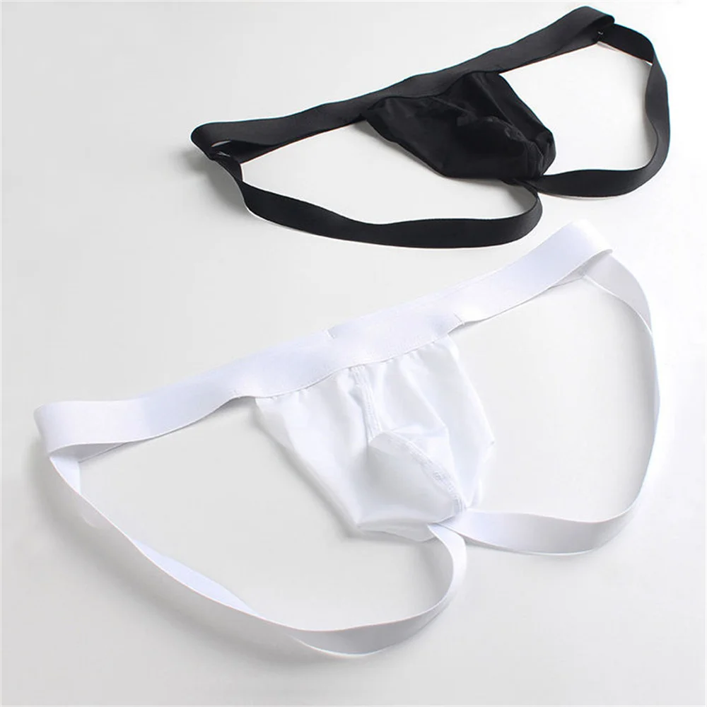 Tirantes y tangas sexis de seda de hielo en blanco y negro para hombre, ropa interior Sexy transpirable de cintura baja sin costuras de talla grande para verano