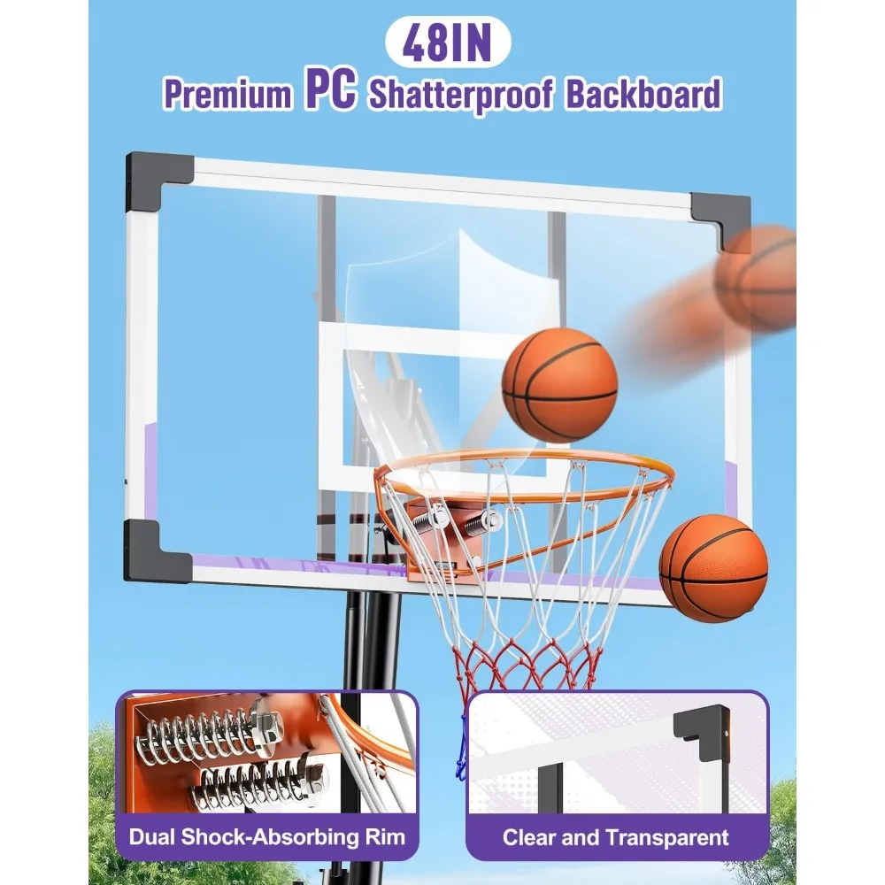 Баскетбольное кольцо для улицы с регулируемой высотой и небьющейся пластиной ПК, портативное, 44/48 дюймов, диапазон высоты 5,25–10 футов, идеально подходит для