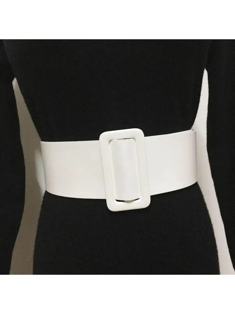 

Woman Wide Leather Black White Belt Waist Sealing Decoration Skirt Shirt Dress Round Buckle Rectangle Simple Versatile Ladies