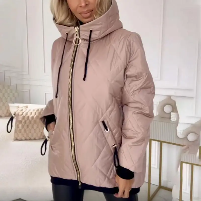 Casaco parka feminino com capuz, moda gola alta, comprimento do quadril, casaco casual com capuz, casaco de algodão sólido, roupa externa quente, outono inverno