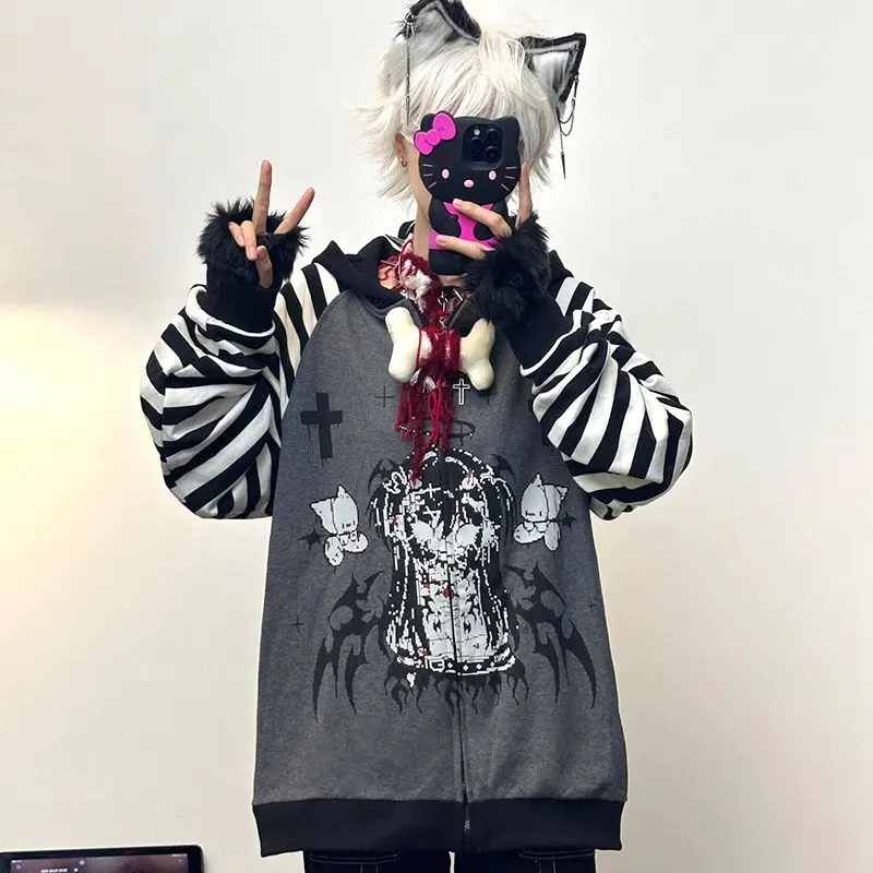 Deeptown Goth Y2k Oversized Hoodie Women Zip Up Vintage Harajuku Cartoon Print Sweatshirt Winter Streetwear Grunge Outerwears