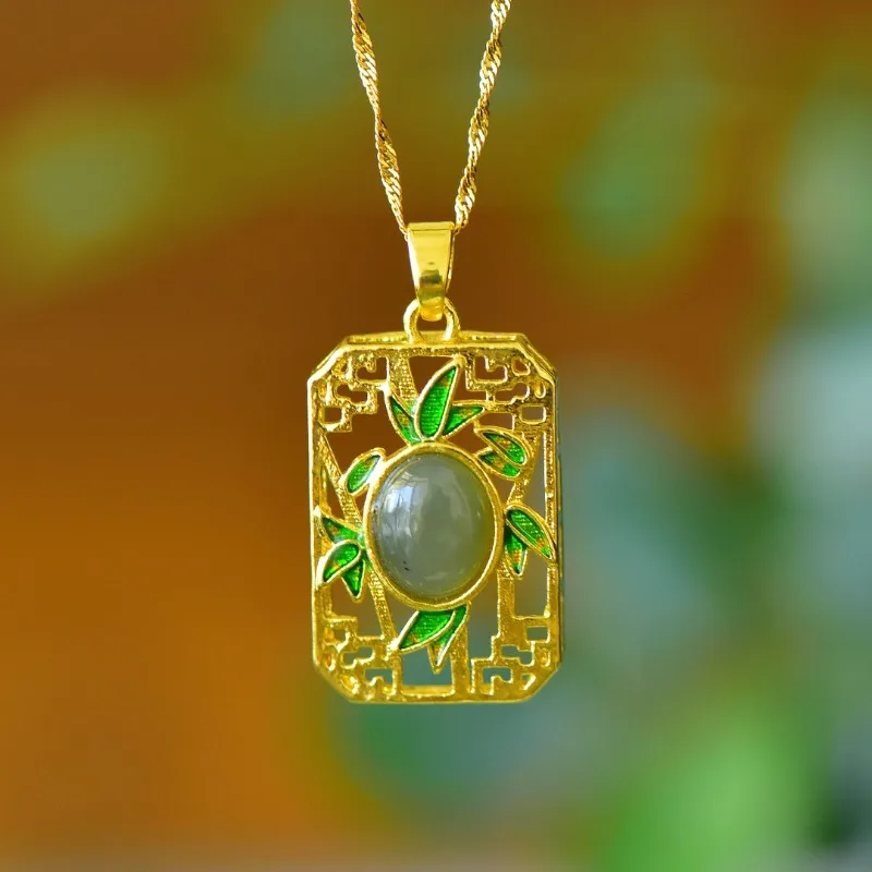 Copper Inlaid Hetian Jade Bamboo Enamel Pendant Fashionable Women's Model