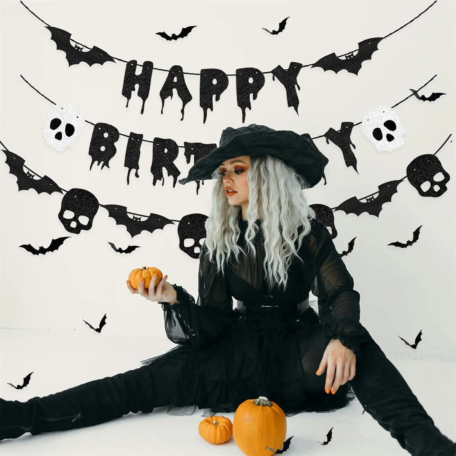 Schwarzes Glitzerndes Happy Birthday Halloween-Banner mit Fledermäusen und Totenköpfen, 3D-Fledermaus-Aufkleber für Horror-Geburtstagsfeier-Dekorationen, Gruselige Party-Deko – Detail 6