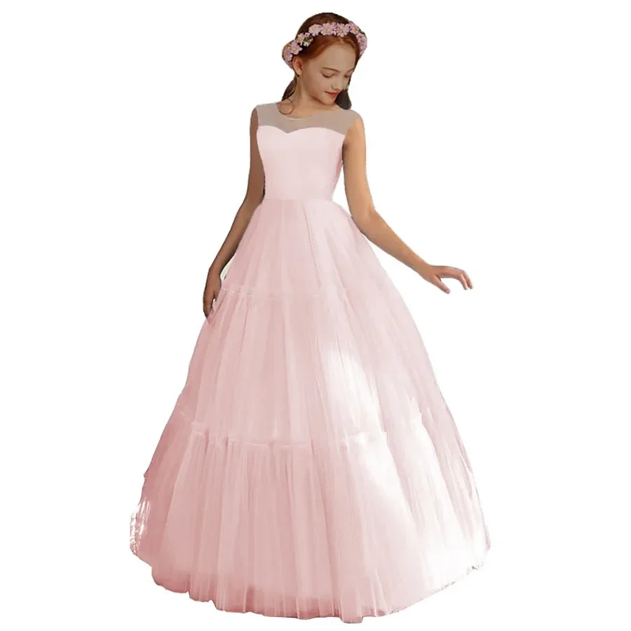 A-Line Princess Flower Girl Dresses Party Pageant Tulle Sleeveless Jewel Neck Floor Length First Communion Dress with Pleats