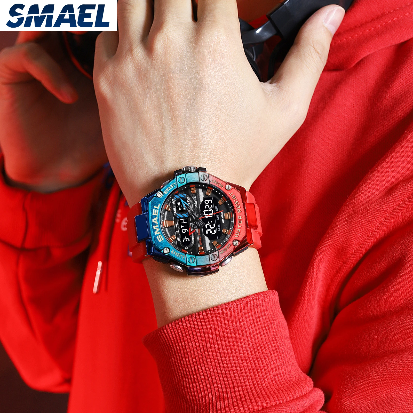 SMAEL Dual Time Red Digital Watch Men Military Sport Chronograph Quartz Electronic Digital Wristwatch with Date Week Waterproof