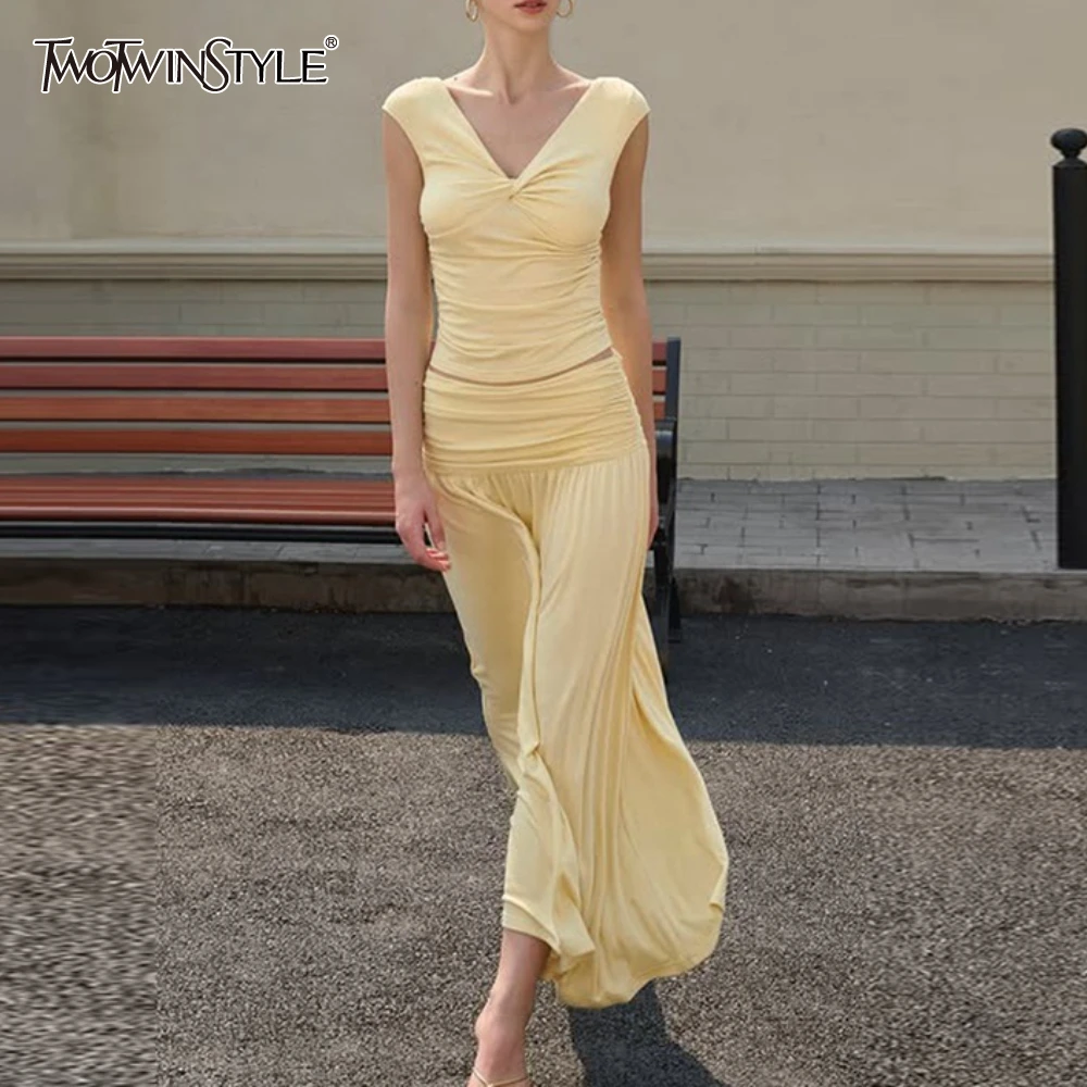 

TWOTWINSTYLE Sumemr Solid Skirt Outfit for Women V Neck Sleeveless Vest High Waist Folds Slimming Skirts Two Piece Sets Female