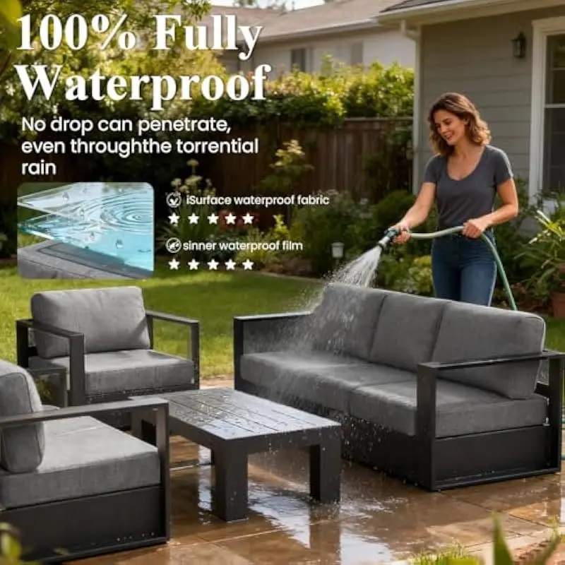 1 oversized modern 3-seat outdoor sofa in black dark grey with heavy-duty aluminum frame weather-resistant coating 6-inch plush