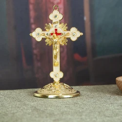 HTISOK Orthodox Church Cross Zinc Alloy Gold Plated Jesus Crucifix Cross Christian Decor With Base Religious Craft Gift With Box