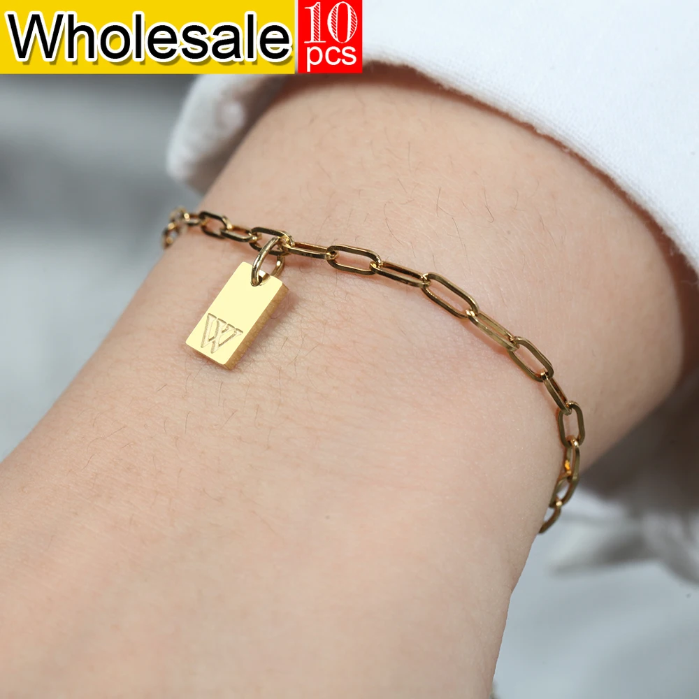 10PCS A-Z 26 Square Corrosion Letter  Golden Stainless Steel Cross Chain Bracelet Fashion Simple Style Women's Jewelry Wholesale