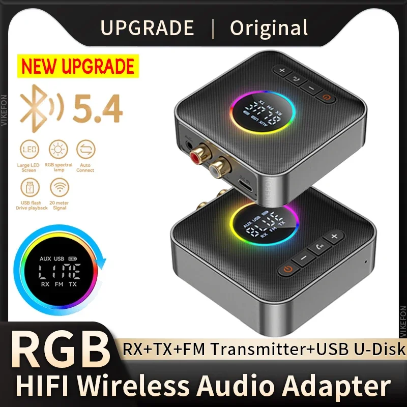 RGB Bluetooth 5.4 Audio Receiver Transmitter FM 3.5MM AUX Jack RCA USB Dongle Wireless Adapter Mic for Car kit PC TV Headphone