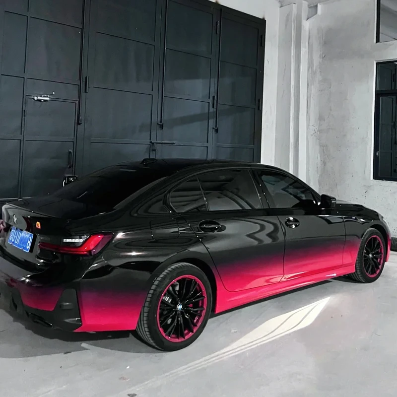 1.52*18 متر تصميم مخصص أسود وردي سوبر لمعان الحرباء بولي كلوريد الفينيل ذاتية اللصق جسم السيارة الفينيل التفاف يلتف السيارة