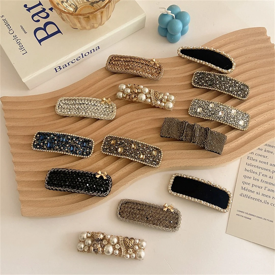 

Korean Style Rhinestone Hair Clip for Girls Luxury Diamond Bangs BB Clip Retro Hair Accessory Light Full Rhinestone Clip