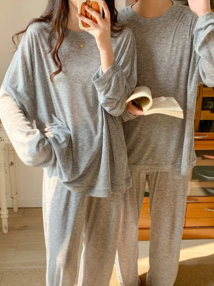 Autumn 2pieces Pyjamas Set Couple Top 2024 Round Neck Girls Pajamas Casual Solid Top and Pant Sleepwear Long Sleeve Home Suit