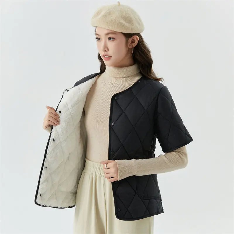 crriflz Women's Autumn  Winter Thickened Short-Sleeve Cotton Jacket, Warm Fleece-Lined Loungewear