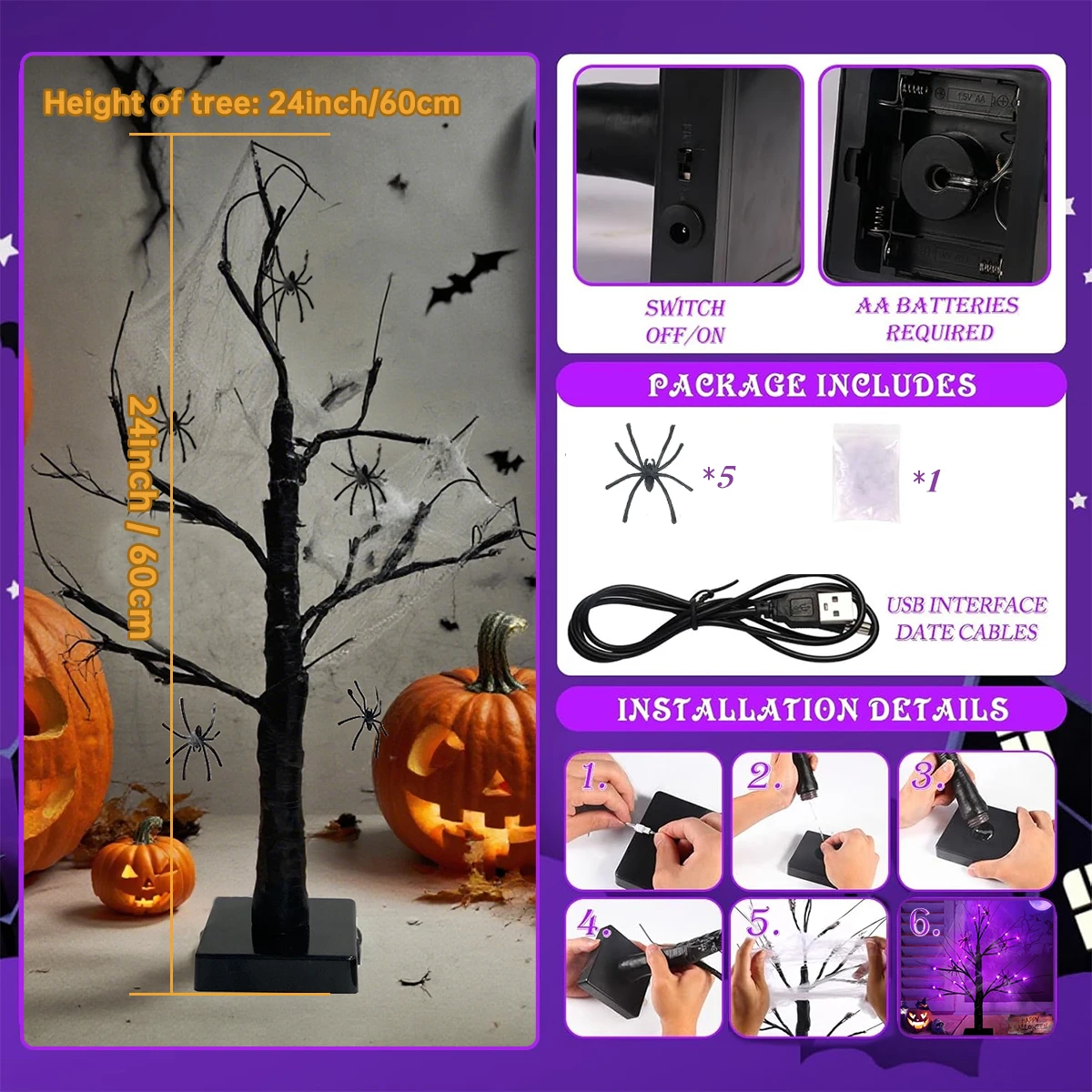 1 قطعة 24 LED الاصطناعي الأسود شجرة البتولا ضوء الجدول مصباح مع 1 جرام تمتد نسيج العنكبوت و 5 العنكبوت الصغيرة للمنزل باتري هالوين ديكور #3