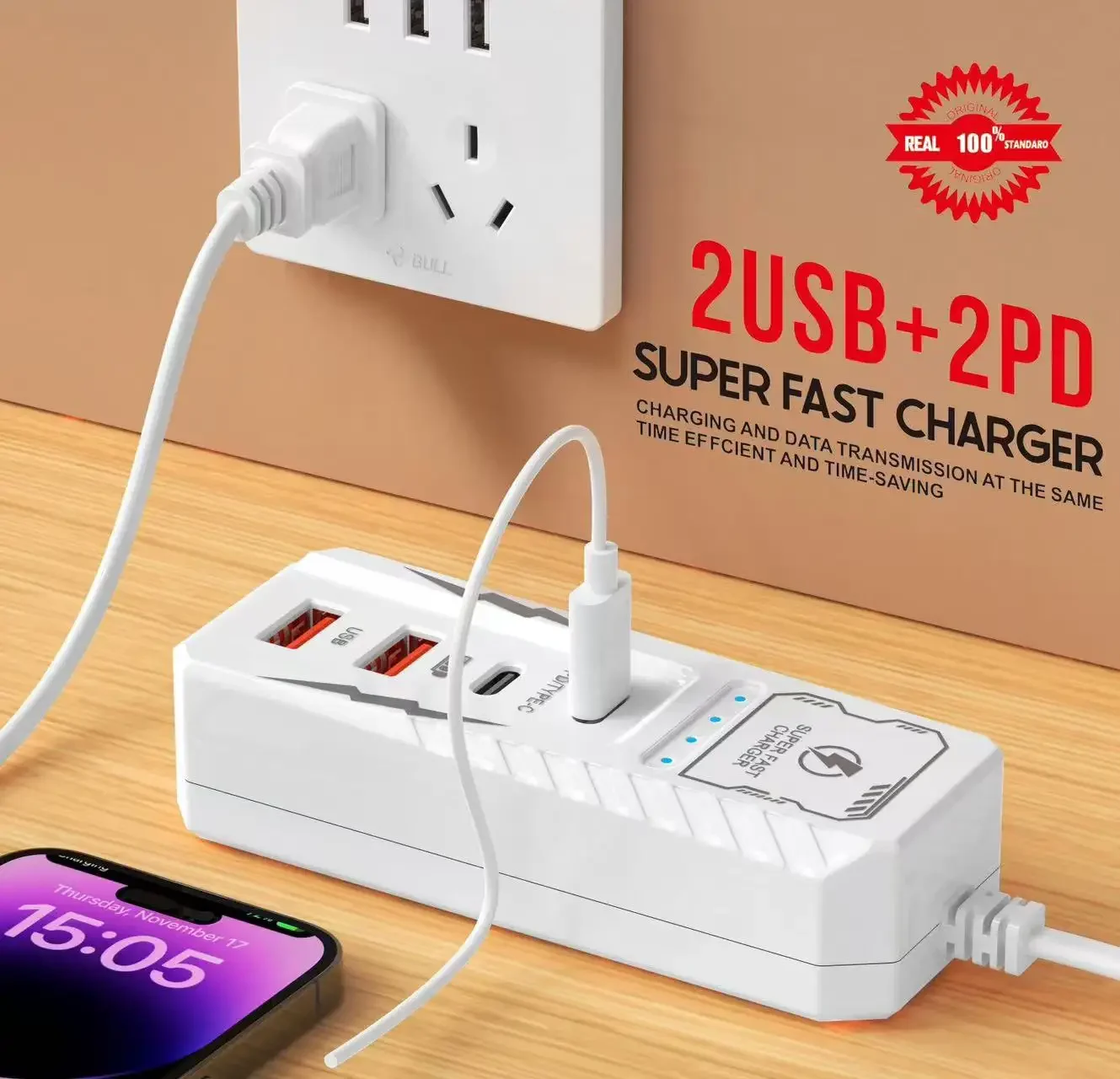متعدد 4 منافذ USB مقبس شاحن نوع C شحن سريع الهاتف قطاع الطاقة آيفون 16 شاومي سامسونج الاتحاد الأوروبي/الولايات المتحدة/المملكة المتحدة التوصيل الجدار شاحن