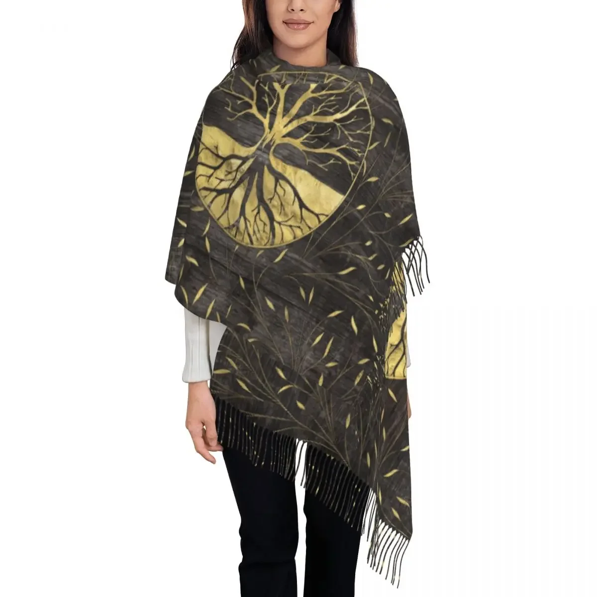 Female Long Golden Tree Of Life On Wooden Texture Scarves Women Winter Fall Thick Warm Tassel Shawl Wraps Yggdrasil Scarf