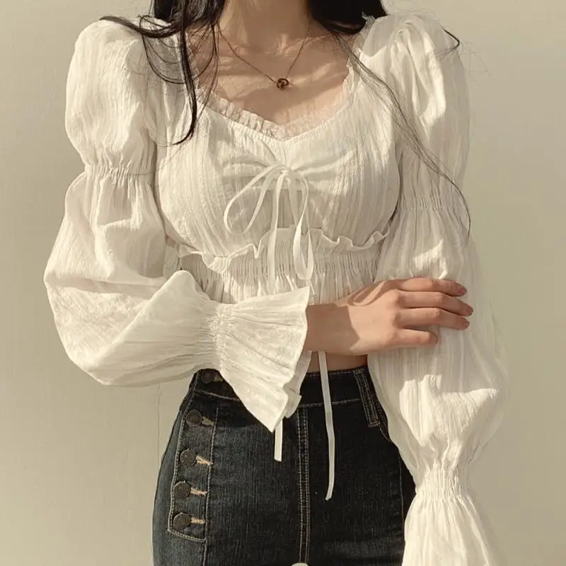 Lace Shirts and Blouses Korea Square Collar Puff Long Sleeve Top Women 2024 Autumn Fashion Blouse Ruffles Solid Ladies Clothes