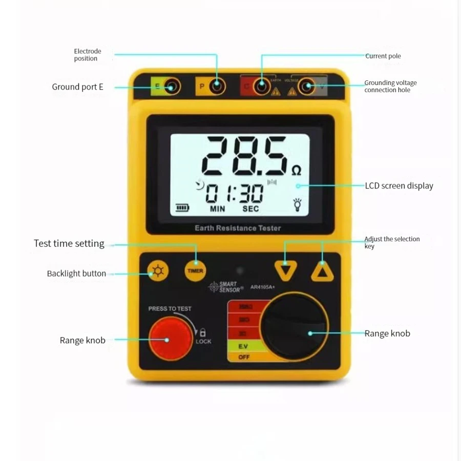 Smart Sensor AR4105A+ Digital Earth Resistance Tester 0-200 Ohm 2/3Lines