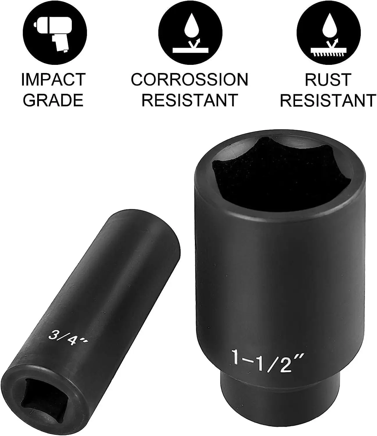 Impact Socket Set 1/2 Inches 19 Piece,Deep Socket,6-Point Sockets,Rugged Construction,Cr-V, 1/2Inches Drive Socket