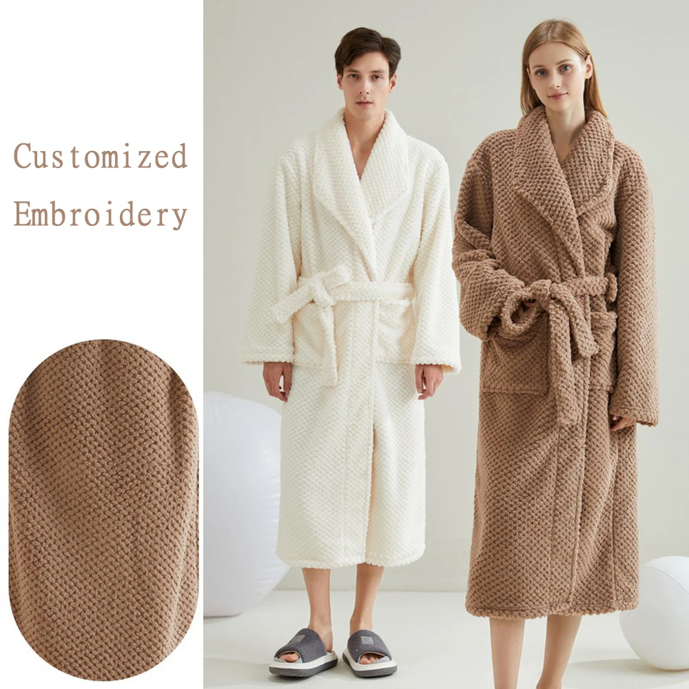 

Custom Embroidered 1200g Coral Fleece Long Winter Couple Bathrobe for Thick Plush Warm Oversized Cozy Sleepwear