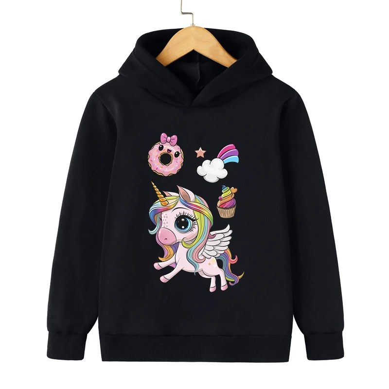 Hoodies Girls Boys Doughnut Cake Unicorn Graphic Casual Hooded Anime Style Long Sleeve Kids Clothing Autumn Cartoon Sweatshirts