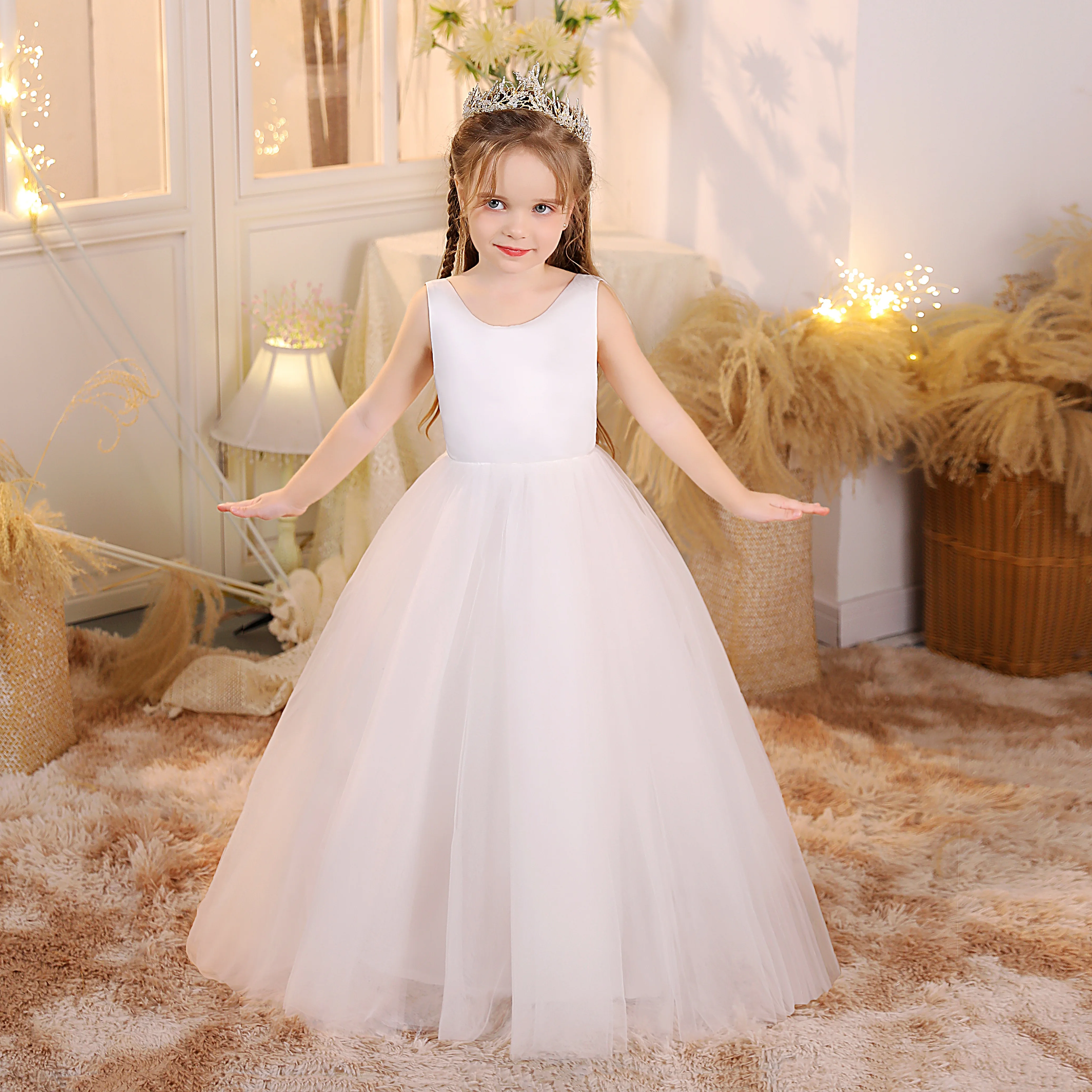 Satin/Tulle Princess Flower Girl Dress For Kids Prom Night Choir Wedding Ceremony Banquet Event Pageant Birthday Evening Party