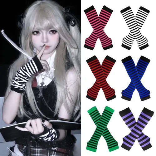 Imagen 2 del producto Guantes de medio dedo a rayas para mujer y niña, guantes largos con mangas para el brazo, calentador de Navidad y Halloween, manoplas para codo, pulsera tejida