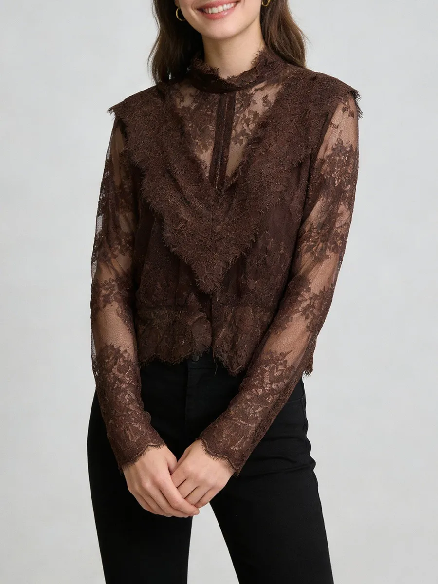 Twotwinstyle sólido emagrecimento sheer emendado rendas blusas sexy para mulheres gola mangas compridas retalhos babados blusa feminina