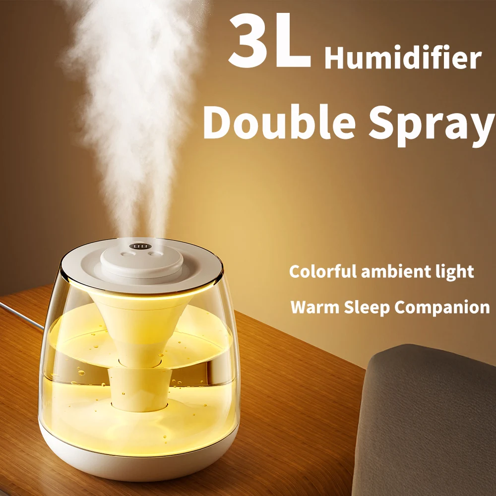 

3-liter large capacity dual spray humidifier silent digital display, home bedroom colorful ambient light aromatherapy machine