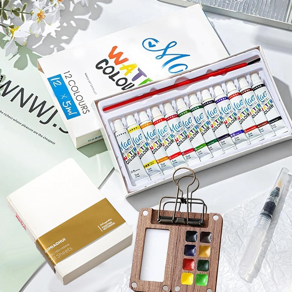 New Mini Watercolor Paint Set Portable Pocket Artist Travel Art Painting Kit with Clip Wooden 8/12 Grid Box Miniature Color Set